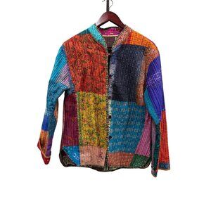 Vintage Kantha Quilt Jacket Reversible‎ Patchwork Cotton Sari Coat Multi Color